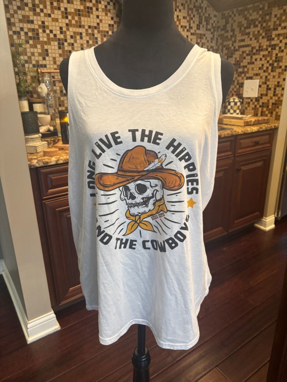 Skull Cowboy Graphic Tank Top - White with Gold & Black Print